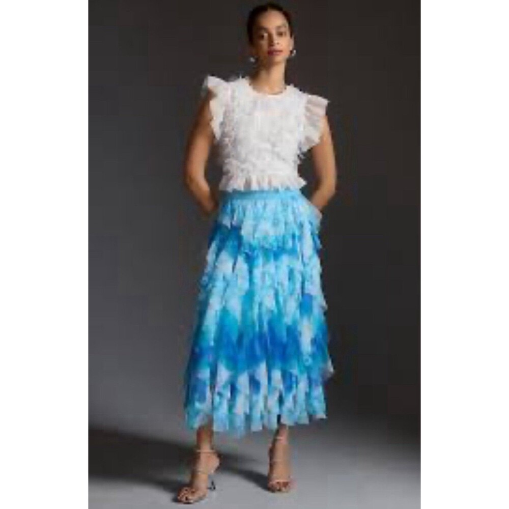 Anthropologie Midi Skirt Blue Cheri Ruffle Tulle Elastic Waist Preppy Sz XS NWT